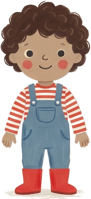The little one: curly hair, a striped top, dungarees and red boots.