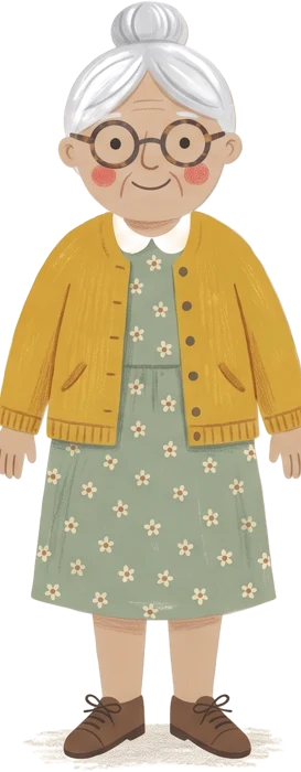 Nana: silver bun, round glasses and a mustard cardigan.