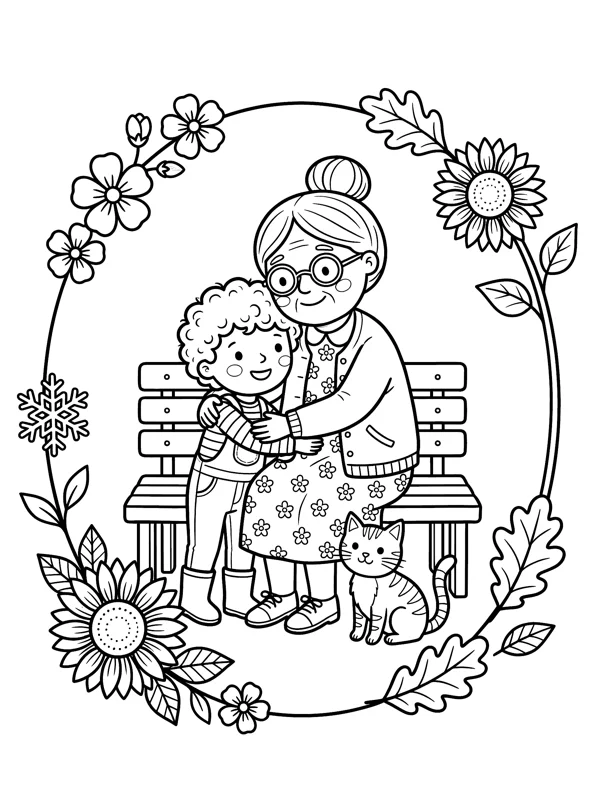Preview of the free colouring page: Nana, the little one and Biscuit on a garden bench.