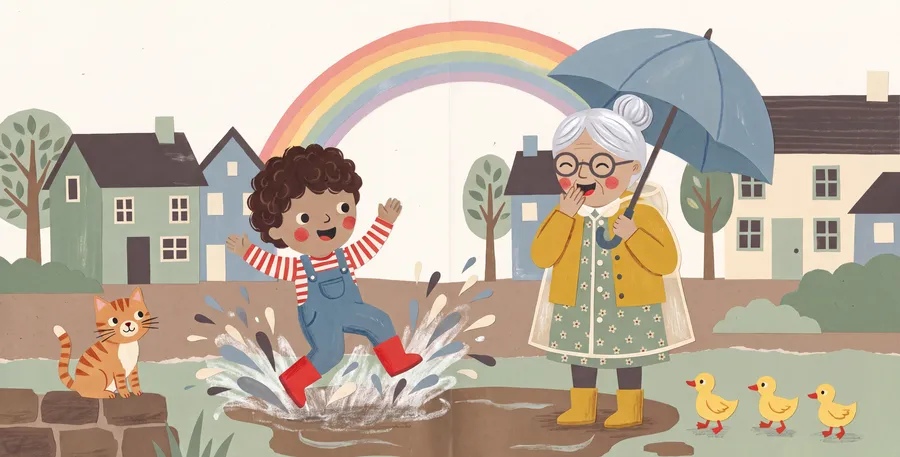 Spring: the child leaps into a puddle while Nana laughs under her umbrella.
