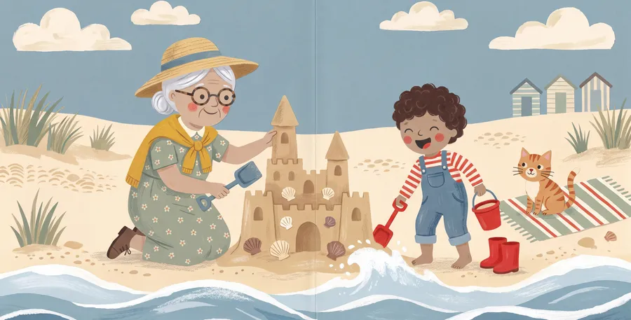 Summer: Nana and the child build a sandcastle by the sea.