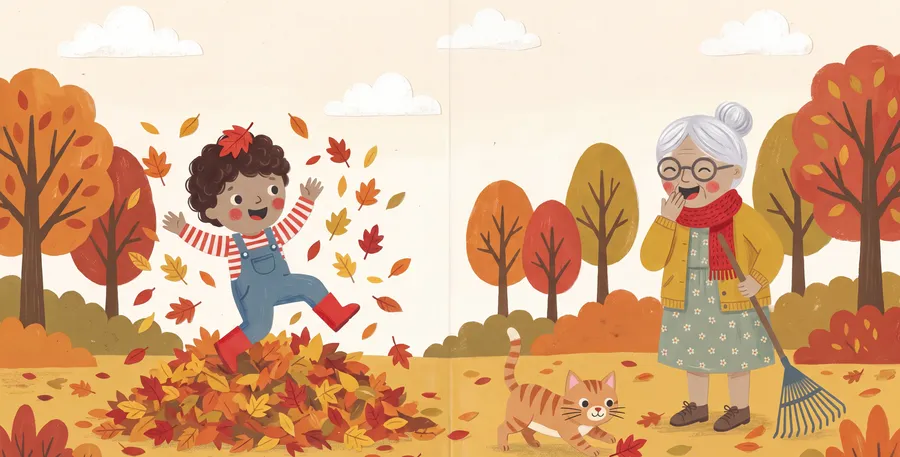 Autumn: the child jumps into a pile of leaves while Nana holds a rake.