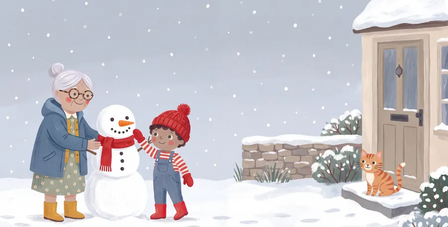 Winter: Nana and the child build a snowman wearing a red scarf.