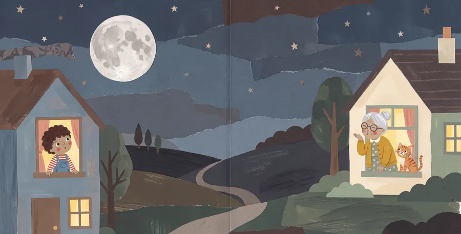 Night: the child and Nana look at the same moon from their windows far apart.