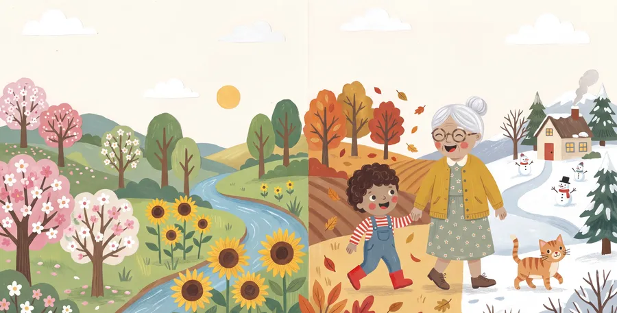 Nana and the child walk hand in hand through all four seasons.